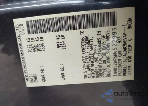 2010 Nissan Altima 3.5 Sr from USA, damaged, VIN 1N4BL2AP5AN522995